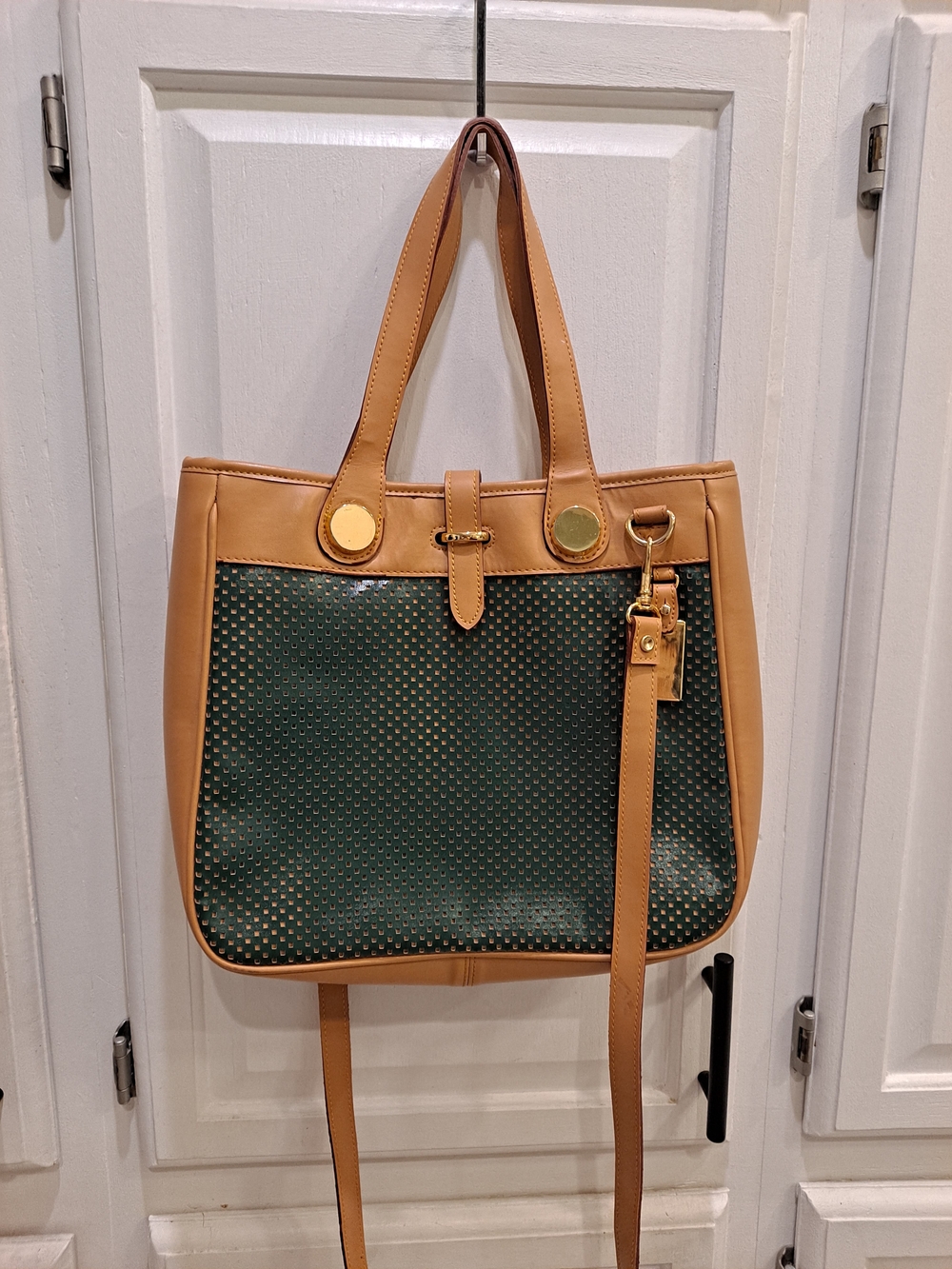 Tan & Forest Green Perforated Panel Vegan Leather Medium Tote Gold Hardware